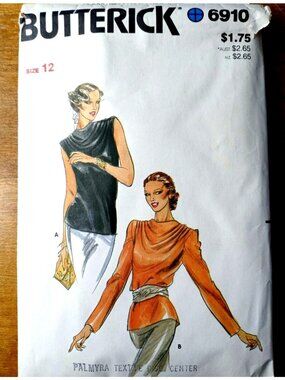 Vintage 1980s Butterick 6910 Cowl Drape Blouse Top Sewing Pattern Size 12 Cut
